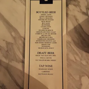 a menu for a bottle of beer