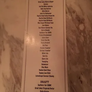 Beer menu