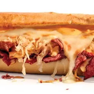 Our savory Reuben. Available grilled, cold, as a wrap, or salad. Made with slow-roasted corned beef, sauerkraut, swiss and Thousand Island.