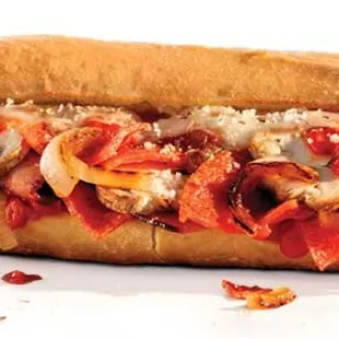 Our delectable pizza sub, available grilled or as a wrap. Made with pepperoni, smoked ham, provolone, parmesan, oregano, and pizza sauce.