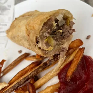 a burrito and french fries on a plate