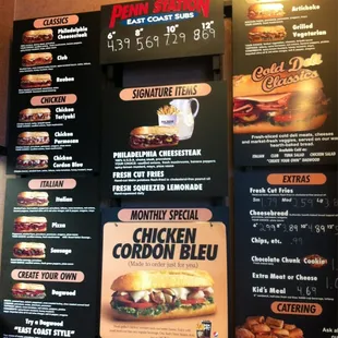 menus and prices of sandwiches