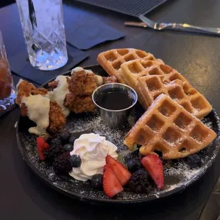 Chicken &amp; Waffle's - fried chicken with jalapeño gravy and waffles with fresh fruit