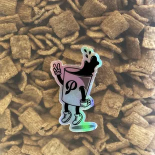 a sticker on a pile of cereal