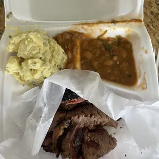 1 meat plate : brisket, potato salad &amp; beans.