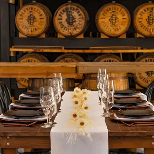 a table set with wine glasses and plates