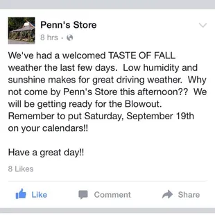 Penns Store posted this message inviting people to come shop that day. We stopped twice and they were never open.