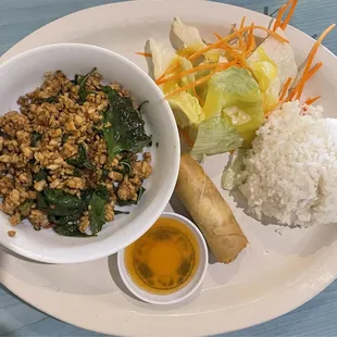 Spicy Basil Chicken Lunch Soecial comes also with cup egg drop soup