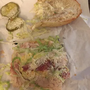 a piece of bread and a pickle