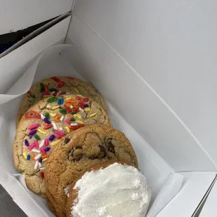Birthday cake, chocolate chip, and frosted gingerbread.