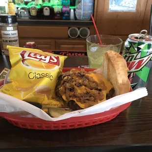 Cheeseburger with Fried Onions and bag of Lay's Chips