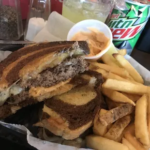 Patty Melt with fries and side of 1000 Island