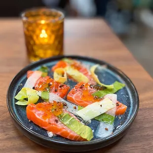 King Salmon w/ juniper salt, cabbage, sorrel, roe | $12