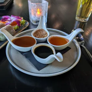 4 dipping sauces and happy hour combo appetizer.