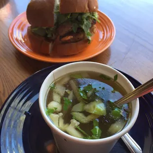 Veggie soup and chicken sandwich