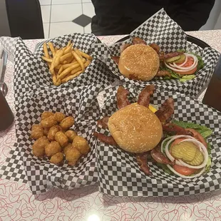 Bacon lovers burger, tots, and fries