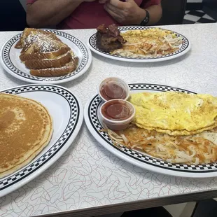 Best ham and cheese omelet and delicious hashbrowns, instead of toast you can have a pancake!