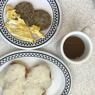 deluxe biscuits &amp; gravy, with eggs and sausage patties, with coffee. (Bonus: they had Cholula!)