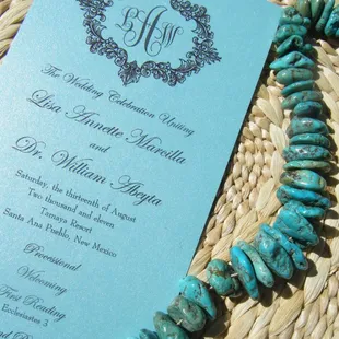 Custom Wedding Programs on turquoise shimmer cardstock