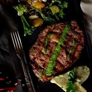 Ribeye with Poblano mashed potatoes and House salad