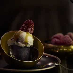 Rum Raisin Ice Cream in edible chocolate cup and caramel