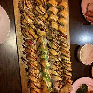 Peony roll, spider-man roll, bagel roll, phoenix roll