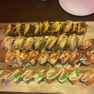 Peony roll, spider-man roll, bagel roll, phoenix roll