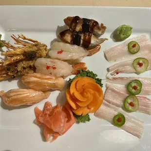 Sweet shrimp , salmon sushi, eel sushi, yellowtail sashimi.......