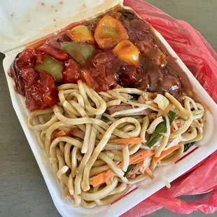 2 items combo with chow mein, sweet n sour pork and general chicken