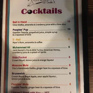 a menu for cocktails