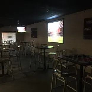 tables and chairs in a dimly lit room