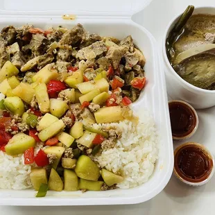 a meal in a styrofoam container