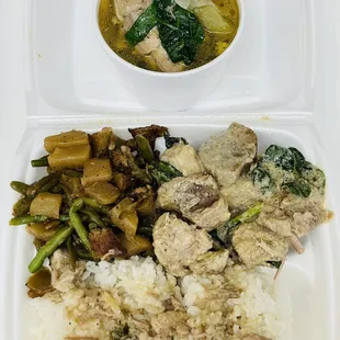 Chicken soup, squash dish, and pork in coconut cream dish. Delicious!