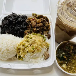 Turo turo combo with dinuguan (pork blood stew), igado (chopped pork creamy dish), and lentil soup. Delicious.