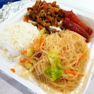 Combo 2: Half Rice/Half Pancit with Sisig and Longanisa