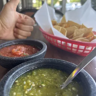 Green AND red salsa always provided with chips