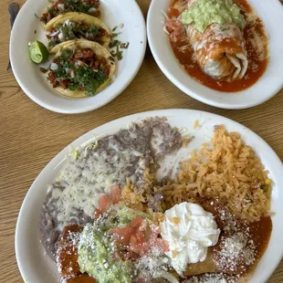 El pastor tacos, chicken flautas, and gringo burrito
