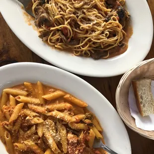 Penne Vodka with Pancetta, mushroom Tagliolini and Porcini Mushroom in Tomato Cream Sauce