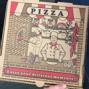 a hand holding a pizza box