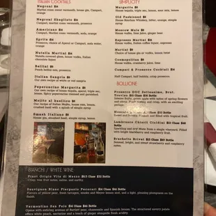 Cocktails menu