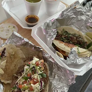 Tacos and tamal preparado, salsas, spicy oil?