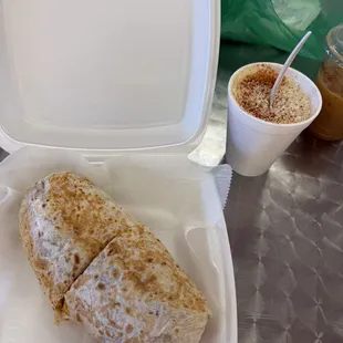 Vegetarian burrito and elote cup