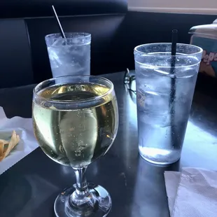 a glass of wine and a slice of pizza