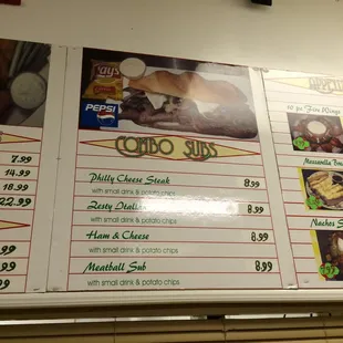 a menu with prices