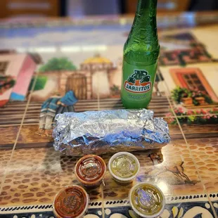 Chicken Combination Burrito with Red &amp; Green Salsa, Chips, &amp; a Jarritos Grapefruit Soda!!!