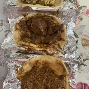 Top to bottom: Chorizo and egg, Carne guisada, Chorizo and bean