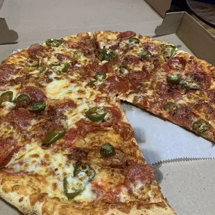 Pizza with Pepperoni, Jalapeños, and Bacon