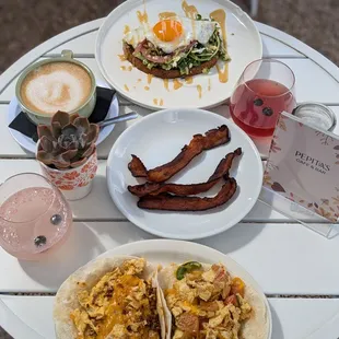 Lavender latte, flavored mimosa, chorizo,egg and cheese taco, Avocado Toast, Cherrywood bacon