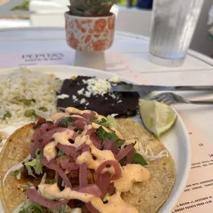 Shrimp tacos on the patio. Delicious!