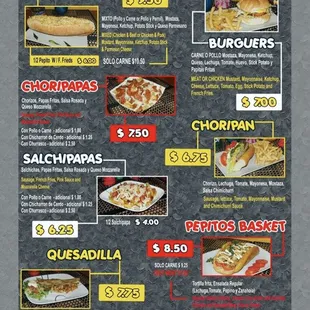Pepitos , salchipapas, hamburguesa,quesadilla, choripan.